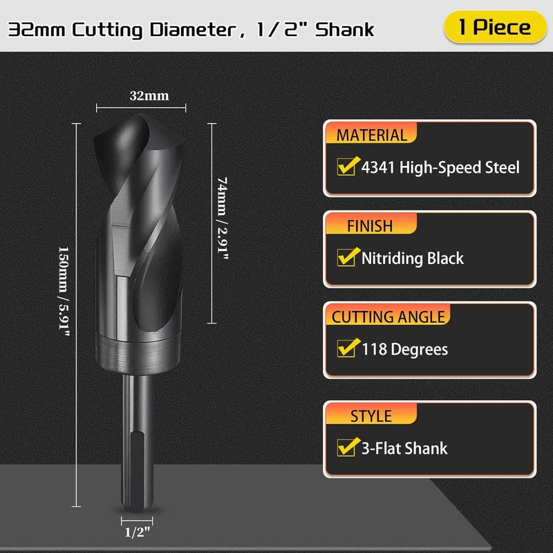 CoCud Drill Bit, 32mm Cutting Diameter, 1/2" Reduced Shank 3-Flat 4341 HSS Nitriding Black 118° Cutting Angle Bits - (Applications: for Plastic Wood) - Image 2
